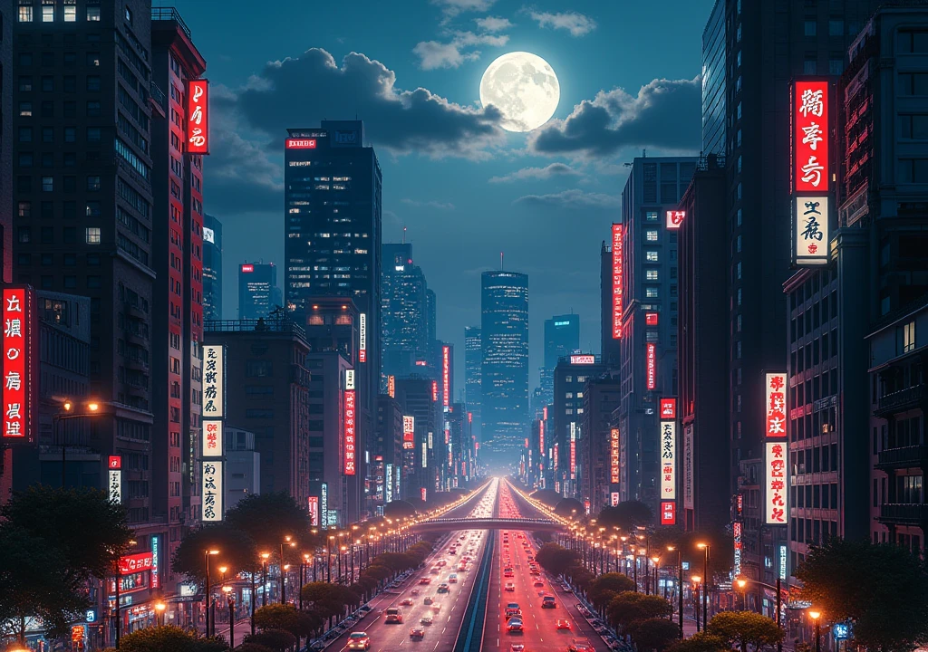 A night scene in a Japanese city, Tokyo at night, bright neon lights ...