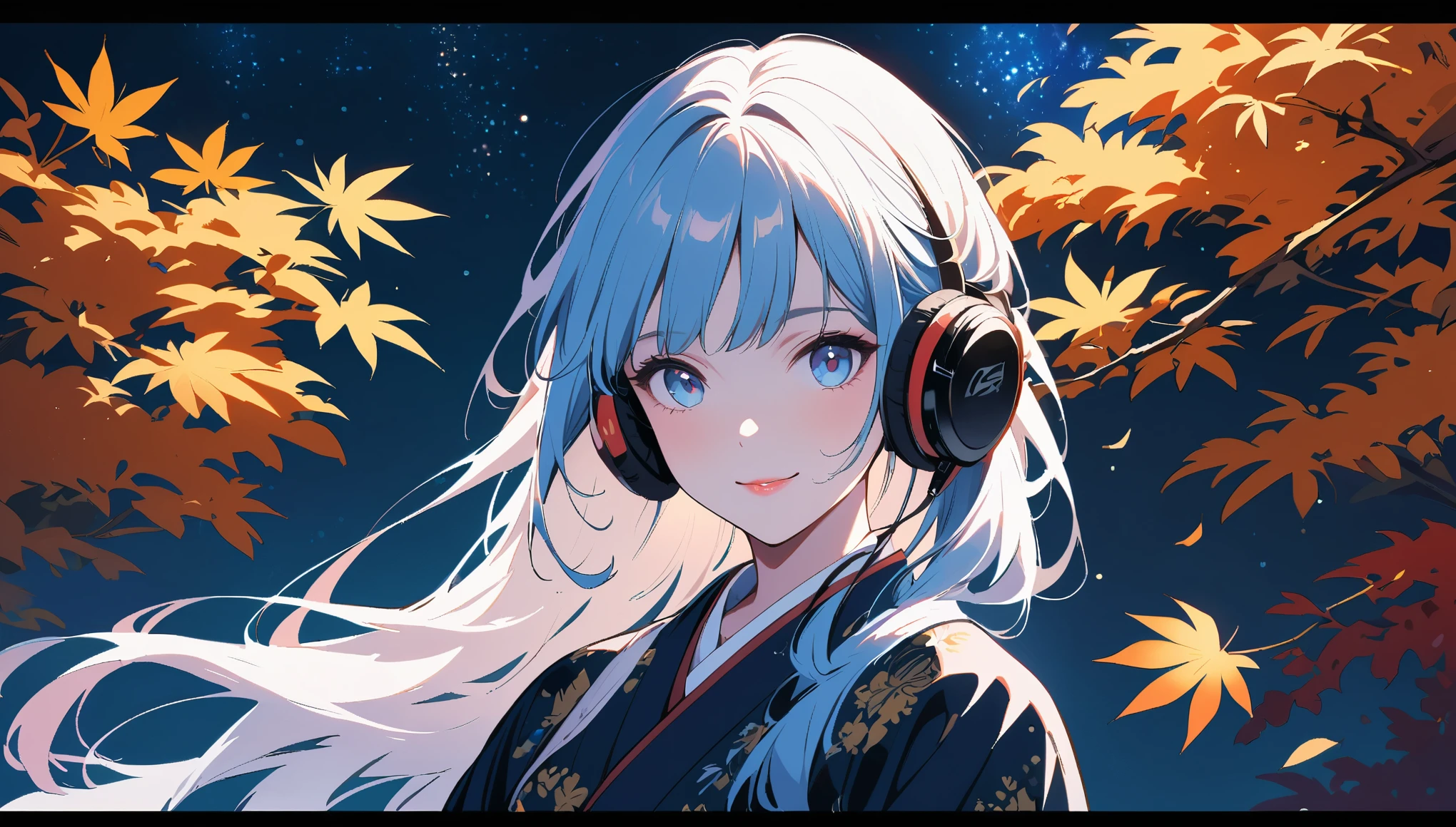 Japanese beauty, closeup of her face, beautiful eyes and lips, Hanfu, autumn scene, golden leaves, moonlight shining through the branches on her hair, in the style of cinematic photography, natural light, high definition. ((headphones)), ((background: night, starry sky)), ((ukiyo-e style)), ((smile)), ((1 girl)),
