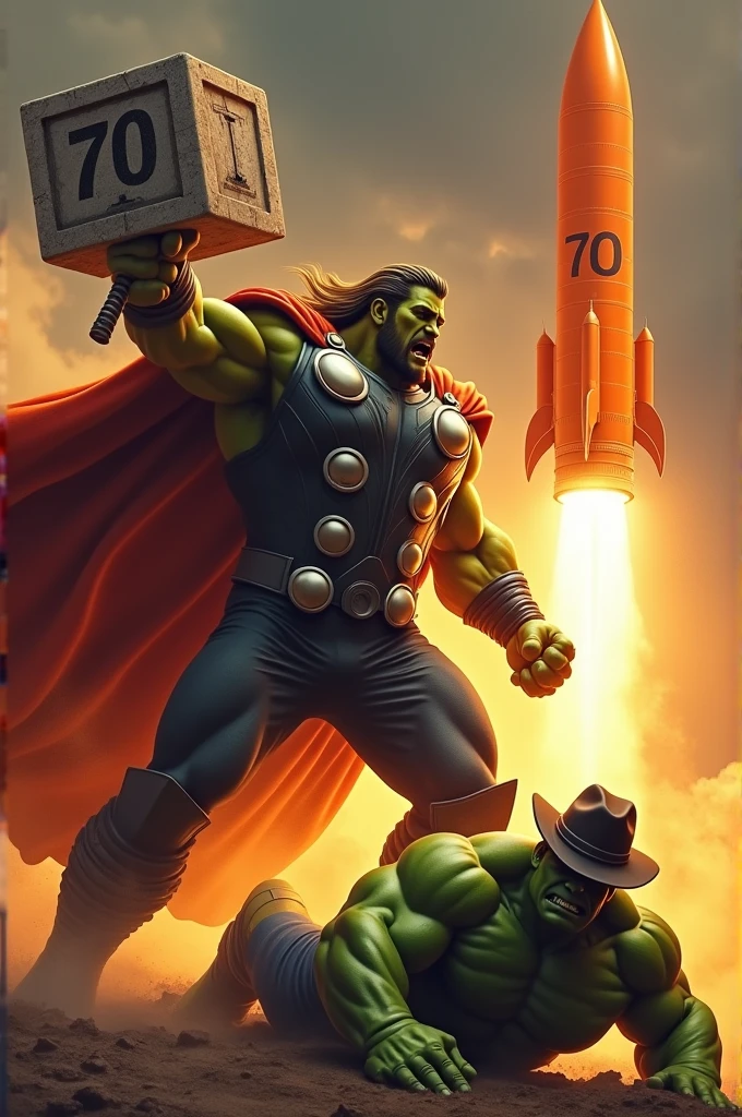 Have Thor with orange cape swing an orange demolition hammer with the number 70 at Hulk and have Hulk be lying on the ground with a cowboy hat and behind them an orange rocket with the number 70. And a sentence written underneath, speaking ( Feel the hammer blow of the 70)