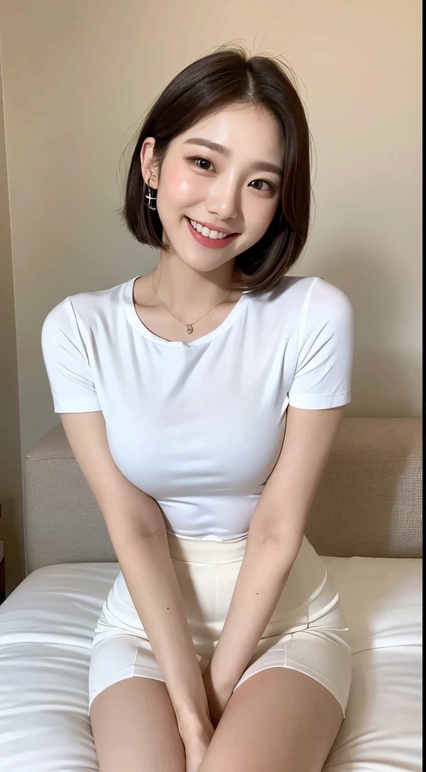 White tight shirt、White Mini Skirt、bed、smile、Short sleeve、High resolution、Korean idol face、double eyelid、White teeth、short hair