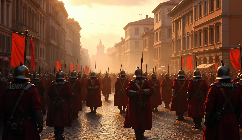 350 A/C City of Rome in chaos; soldiers marching in the streets