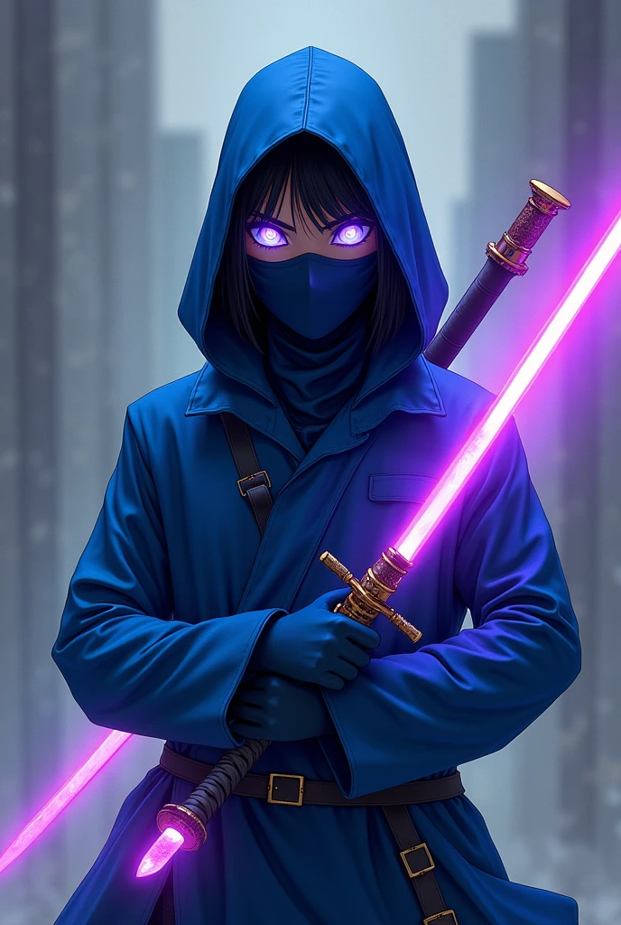 Blue ninja suit,has a jet black body and is masked. 5 Shining Blue eyes,Glowing Green Eyes,Glowing Red eye,Has Glowing Purple eyes, Glowing White eyes, and has Medium muscle mass,An anime man with one purple aura sword and one orange aura sword positioned diagonally behind him.