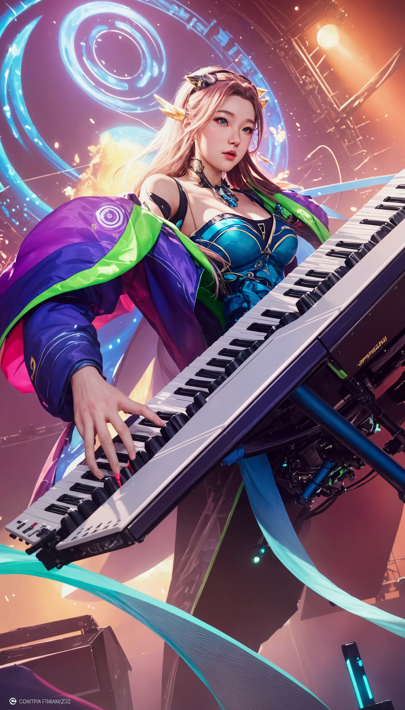 a close up of a person playing a keyboard on a stage, background artwork, extremely detailed artgerm, cyber songman, cushart krenz key art feminine, rossdraws and jazza, rossdraws cartoon vibrant, techno mystic goddess, in style of artgerm, official artwork, sakimichan frank franzzeta, keyboardist