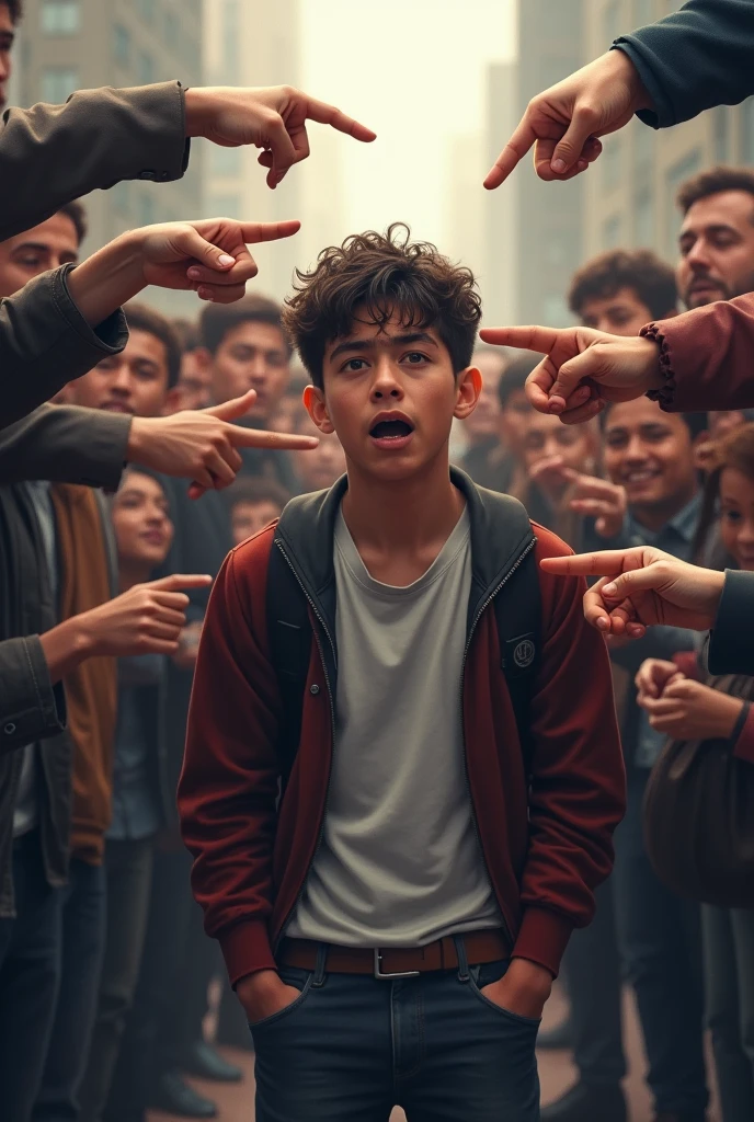 A YOUNG MAN People are making fun of him by pointing their fingers at him