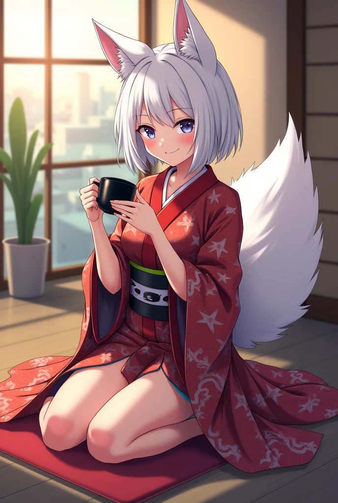 a mischievous kitsune woman wearing a stylish kimono with white hair and ears and tail, knelt down on kotatsu, holding a black cup of tea while smirking, apartment background