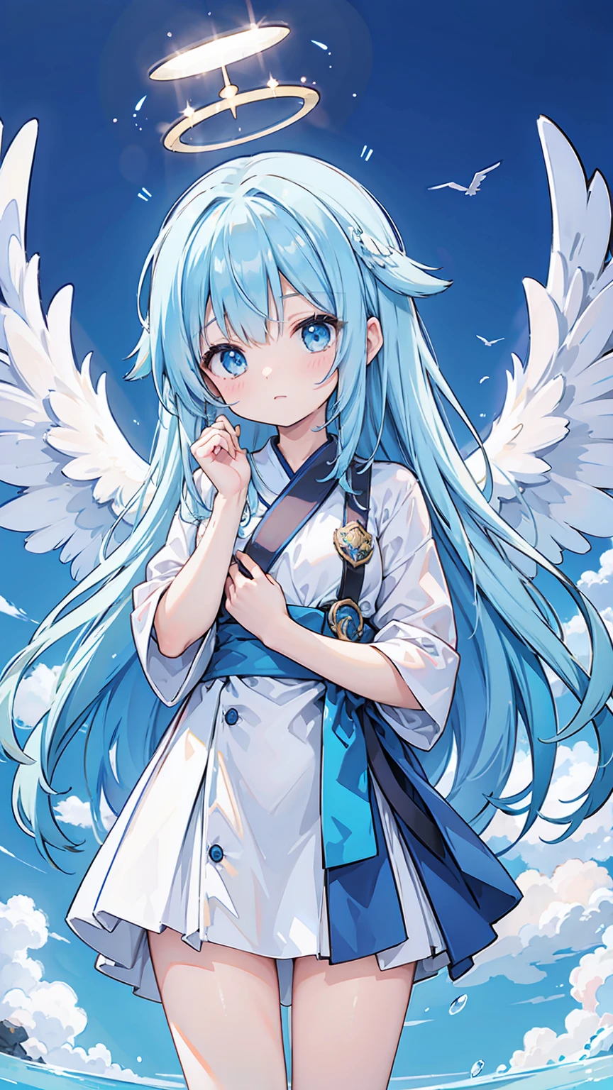 blue sky、Angel wings grow、One girl、Blue Hair、The color of both eyes is different、Open mouth smile、Highest品質, High definition, Ultra-fine, Highest_detailed