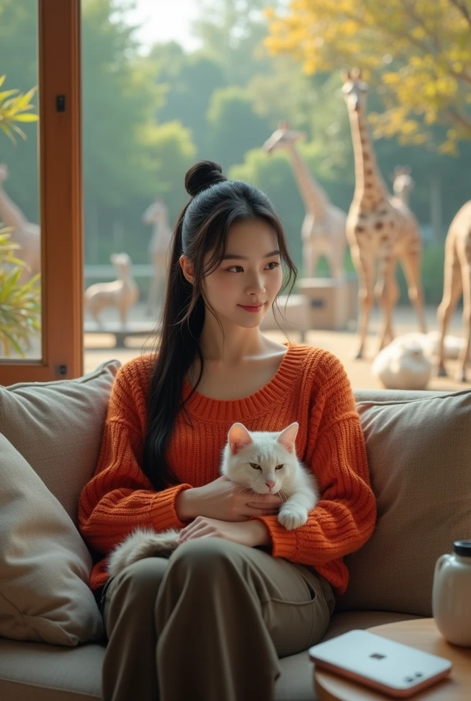 Beautiful Korean girl, smooth white skin, well-groomed face, thin smile, straight black hair tied up, red-orange knitted shirt, dark brown cargo pants, sitting on the sofa with a big white Angora cat, on the table there is an iPhone laptop, in the background , in the open area of the zoo there are tigers giraffes lions rabbits, it looks authentic, real and realistic in the photos