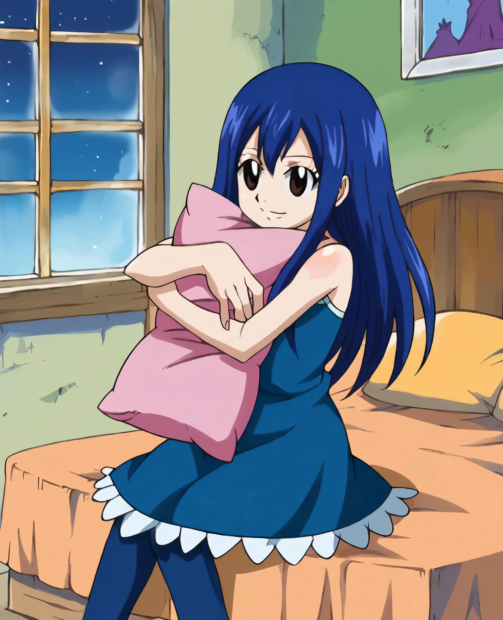 Wendy Marvell, fairy tail, Blue dress, blue stockings, smile, sitting on the bed, hugging the pillow, night outside the window. 