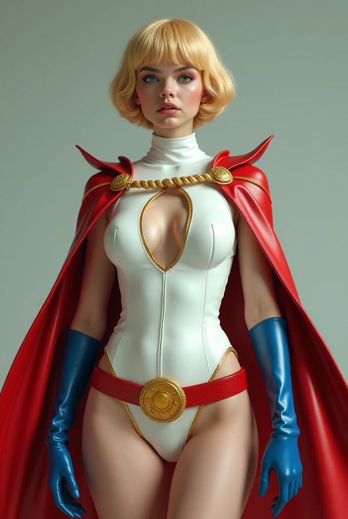 A SEXY BUSTY FEMALE WITH SHORT BLONDE HAIR, BLUE EYES WEARING A WHITE TURTLE NECK LEATHER LEOTARD WITH A ROUND CUT OUT HOLE ON THE CHEST, LONG BLUE GLOVES, TALL BLUE BOOTS, A RED WAIST BELT WITH A YELLOW CIRLCE BUCKLE, AND A LONG RED CAPE ATTACHED TO ONE SHOULDER WITH A GOLD ROPE AND MEDALLION. ABSURD 8K DETIALS AND TEXTURES. MASTERPIECE.