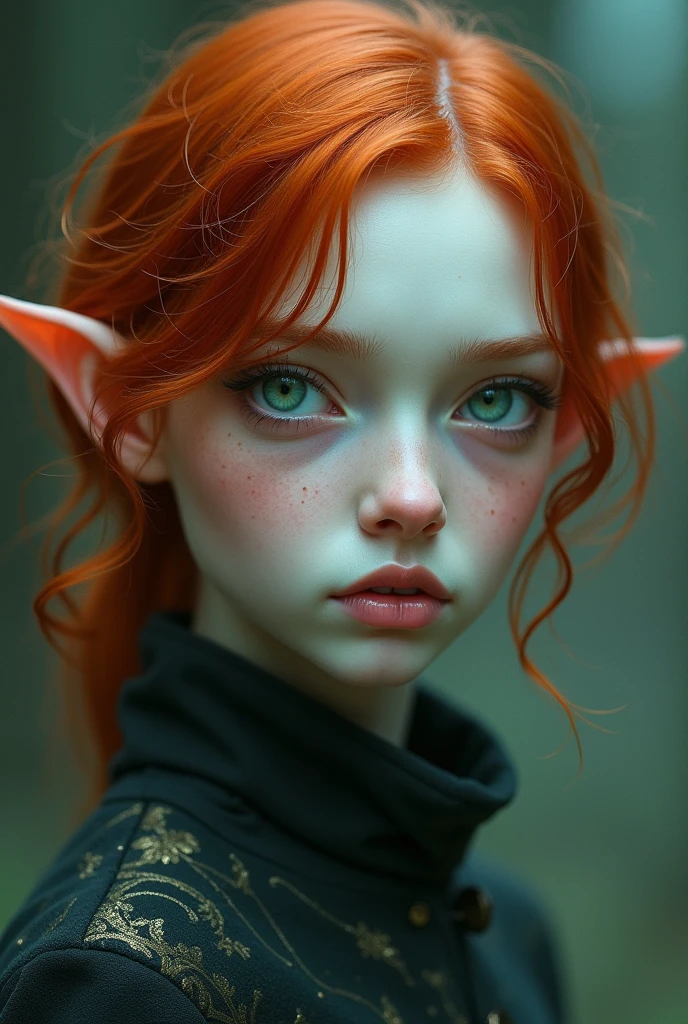 A man with snow-white skin and shoulder-length red hair, emerald or blue eyes, short stature like 1:68