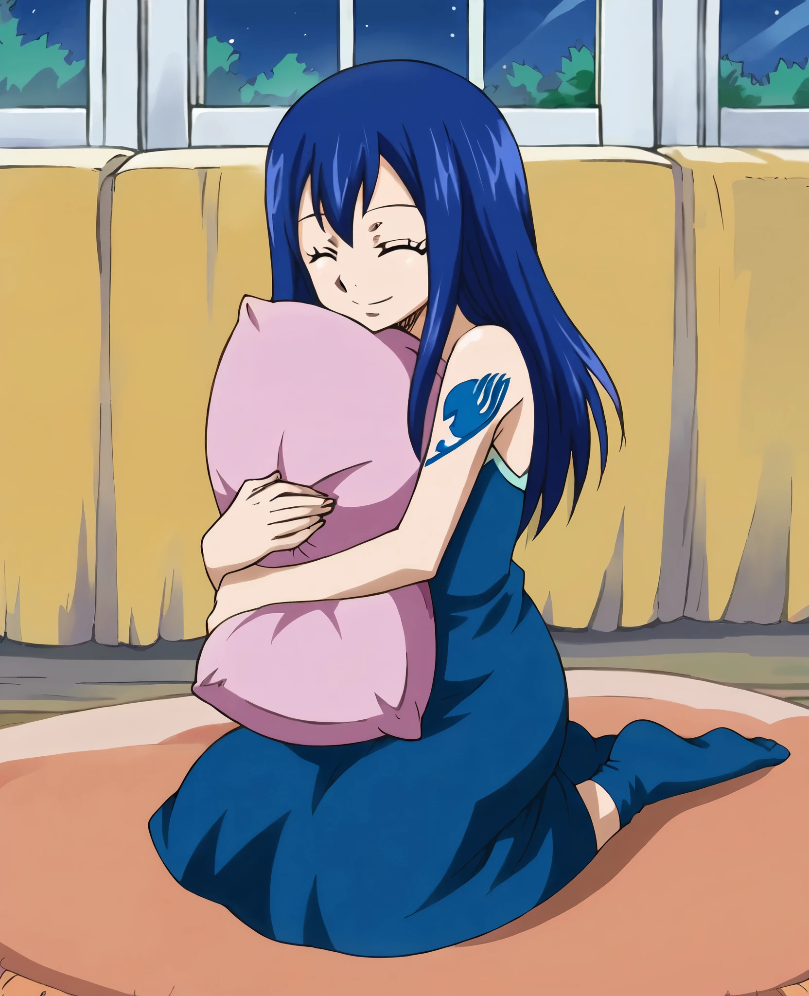 Wendy Marvell, fairy tail, Blue dress, blue stockings, smile, sitting on the bed, hugging the pillow, night outside the window. 