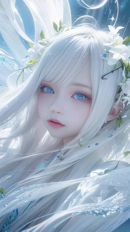 1 Girl, Long hair, flower, Platycodon, in the style of White and light azure, Dreamy and romantic composition, White, ethereal foliage, Interesting arrangement, fantasy, High contrast, Ink strokes, explode, Overexposure, White and White tone impression, Abstract, Charming pose,