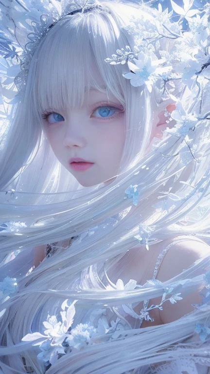 1 Girl, Long hair, flower, Platycodon, in the style of White and light azure, Dreamy and romantic composition, White, ethereal foliage, Interesting arrangement, fantasy, High contrast, Ink strokes, explode, Overexposure, White and White tone impression, Abstract, Charming pose,