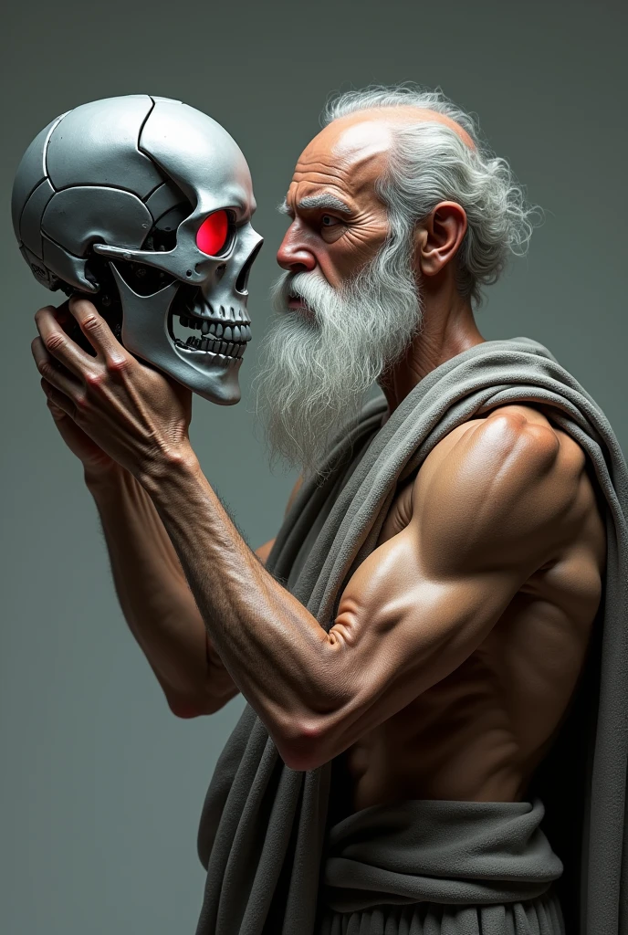 A venerable Stoic thinker, with a gray beard and a body marked by years of discipline, displays muscular and defined arms, reminiscences of a life of rigor and self-knowledge. In your right hand, lifts skillfully, at eye level, a metal cyborg skull, whose cold, robotic surface contrasts sharply with its ancestral figure. The skull's red eyes glow brightly, reflecting an aura of advanced technology. the thinker, with his deep and serene gaze, observes the skull with an expression of unperturbed contemplation. His posture and countenance evoke the ancient wisdom of the Stoics, while the cyborg skull symbolizes the tension between the immortality of thought and the ephemerality of technological existence. The encounter between the philosophical past and the cybernetic future creates a visual dialogue between the durability of wisdom and the transience of innovation.