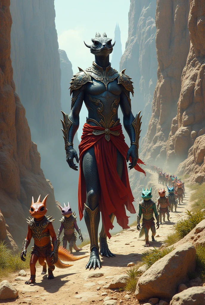 Strong, slender reptilian with black scales, Silver armor with red cloths on the waist. Several Reptilian children of various colors follow him in a line along a trail in a canyon..