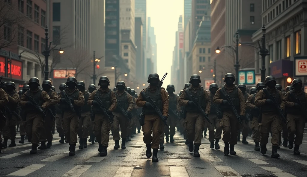 2024 New York City in Chaos; soldiers marching in the streets