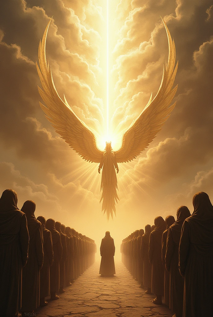 Create an image representing a heavenly scene inspired by the passage from Job, where winged celestial beings gather in a grand celestial court before a majestic throne that shines with divine light, representing the presence of God. Among these beings, include a darker, more shadowy figure representing Satan, also with wings, but slightly separated from the others. The background should contain swirling clouds and rays of light, conveying an otherworldly atmosphere and grandeur. The scene should evoke a sense of reverence and respect, focusing on the contrast between light and shadow."