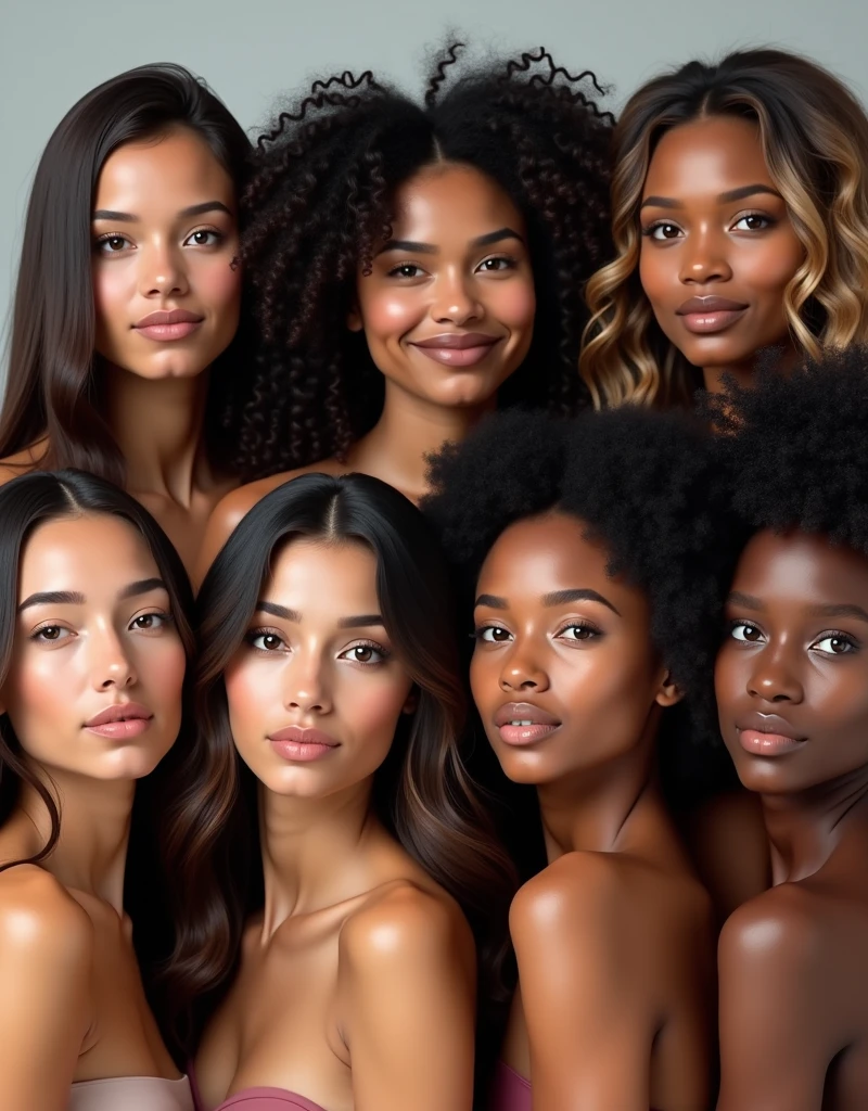 realistic image with several women of different ethnicities(different countries) with hair of different types and curvatures but all perfect and hydrated, one with straight hair, one with wavy hair, another with slightly curly hair, another with curlier hair and a frizzy one, and also make them with different physical characteristics from each other, at least 6 women, one different from the other, especially the different hair outside the beauty standards.

