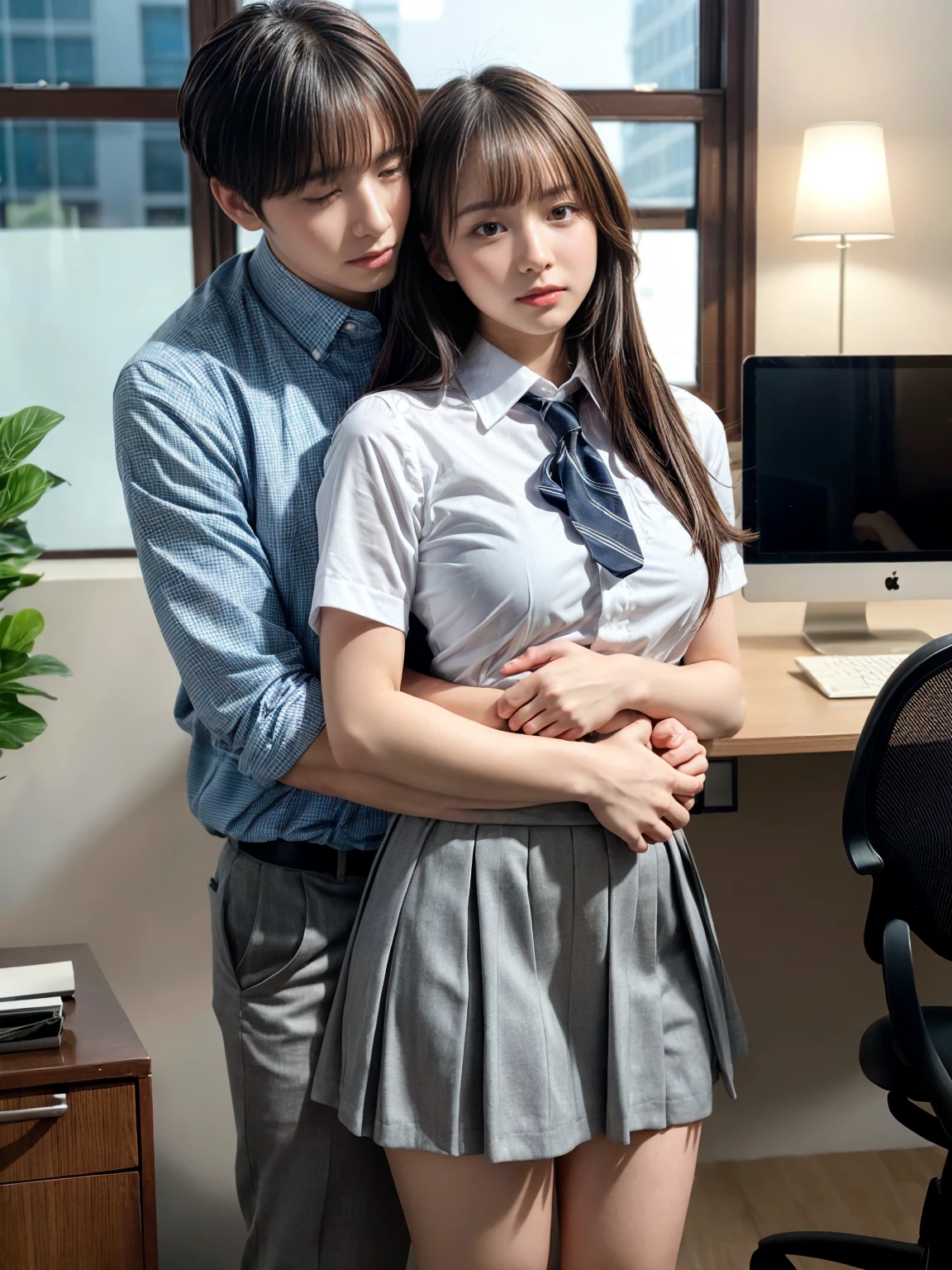 A handsome CEO with his beutiful girlfriend,who is on her highschool hot uniform romancing together with him in his luxury office at night.
While he carefully romantically falls down her hair., laege breasts, Hug from behind.