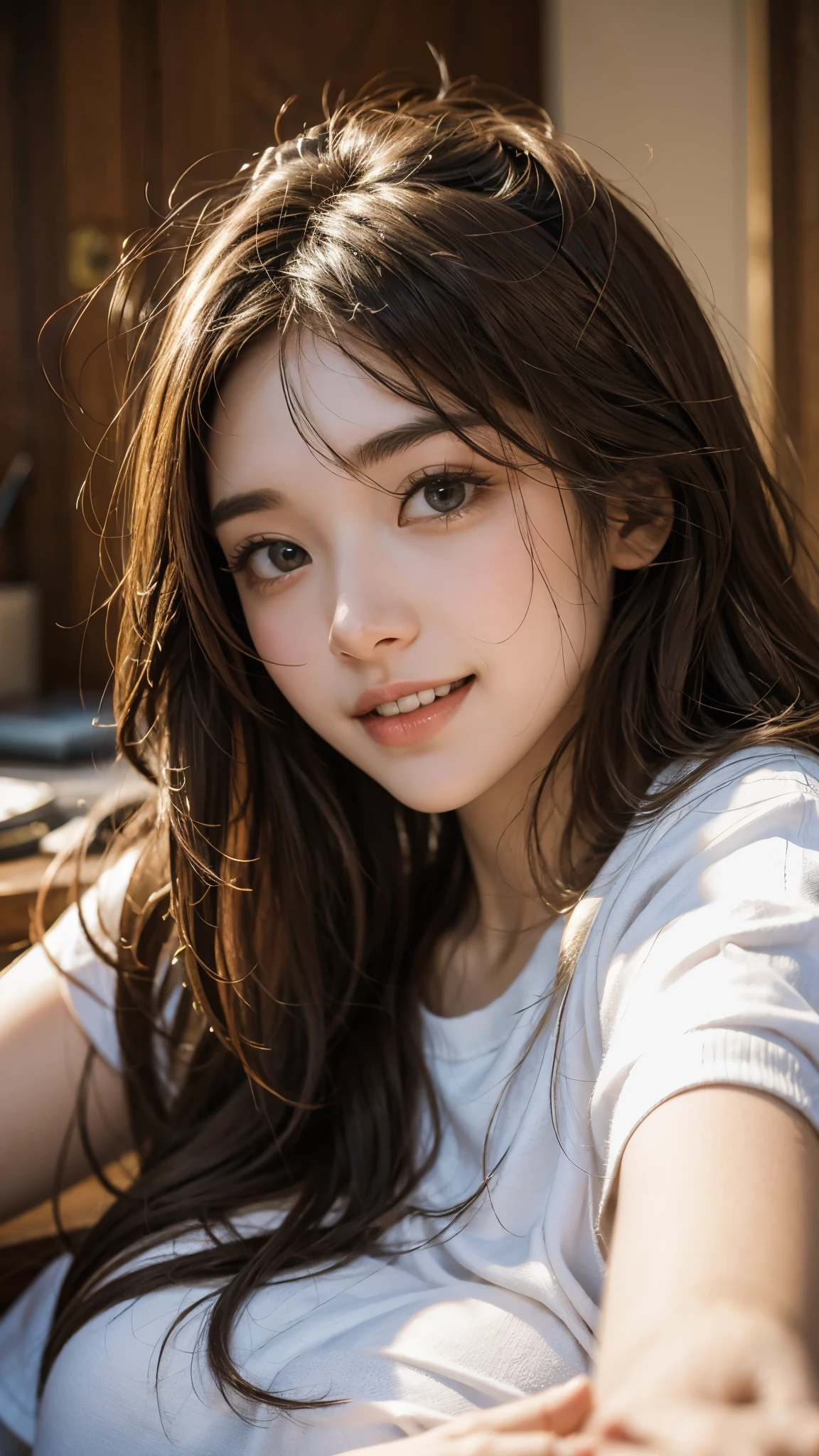 （Vibrant， High resolution：1.3）， ((2 female)),((I'm showing my teeth and smiling)),1. Have a perfect body， Highly detailed face and eyes，Long Hair， big ，(White short T-shirt、String,,,Brown Skin、Have sunburn marks、 Sexy pose),Grin, Top shot of a woman lying on her back