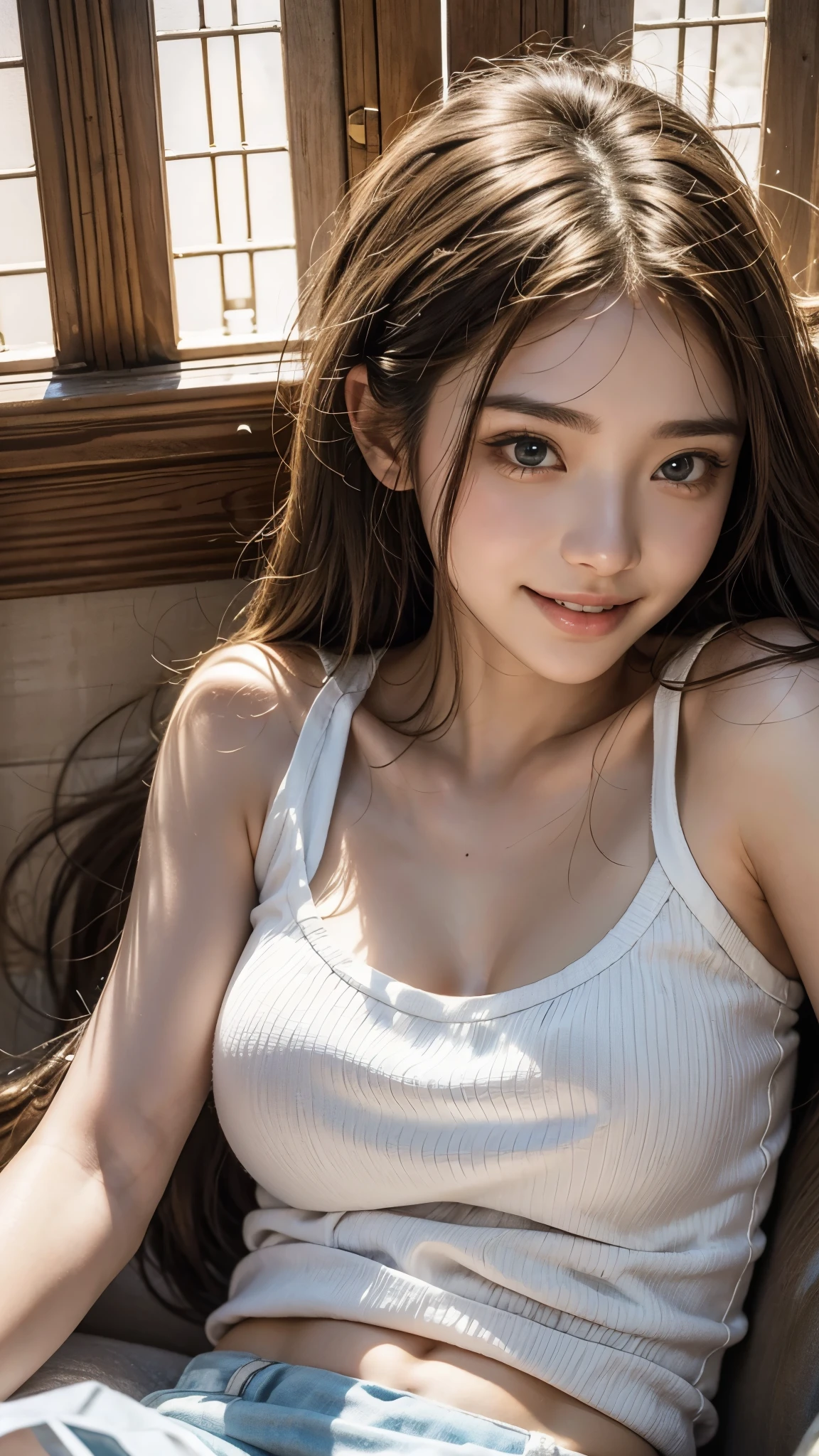 (Vibrant, High resolution:1.3), ((2 female)),((I'm showing my teeth and smiling)),1. Have a perfect body, Highly detailed face and eyes,Long Hair, big ,(White short T-shirt、String,,,Brown Skin、Have sunburn marks、 Sexy pose),Grin, Top shot of a woman lying on her back