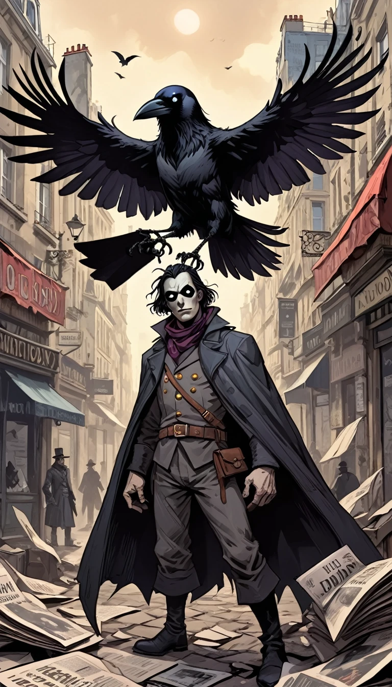 Paris 1900, Dark Fantasy, "CROW MAN", Newspaper title, uncanny ugly hero, dark cover, adventures, a trip to tomorrow era, graphic novel, vibrant, vivid life, hero pose, dutch angle, detailed black eyes