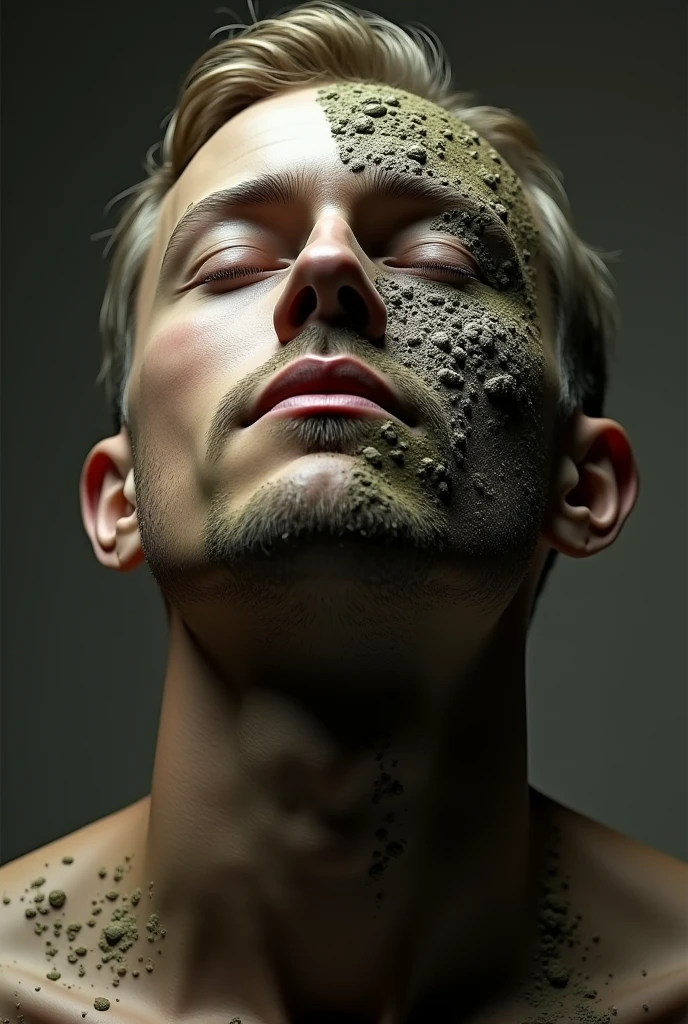 Face of a man half of his face is made of mud and clay and mud with his face tilted upwards with his eyes closed