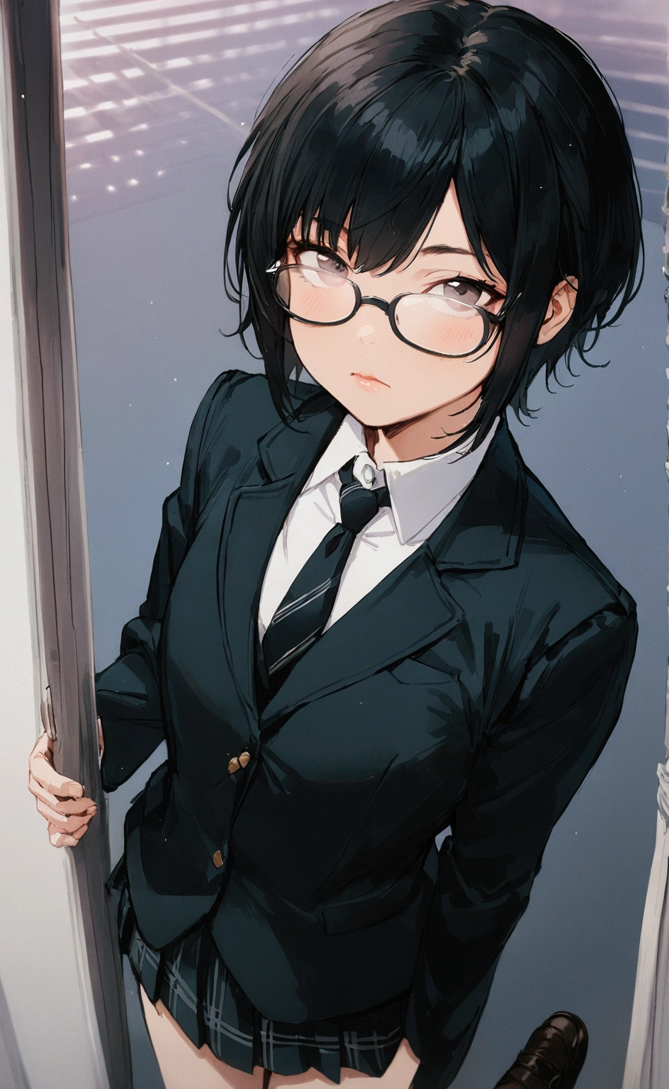 1girl, solo, black hair, shirt, looking at viewer, collared shirt, full body, short hair, black jacket, white shirt, black eyes, jacket, necktie, androgynous, glasses, skirt, school uniform, amazing quality, very aesthetic, masterpiece