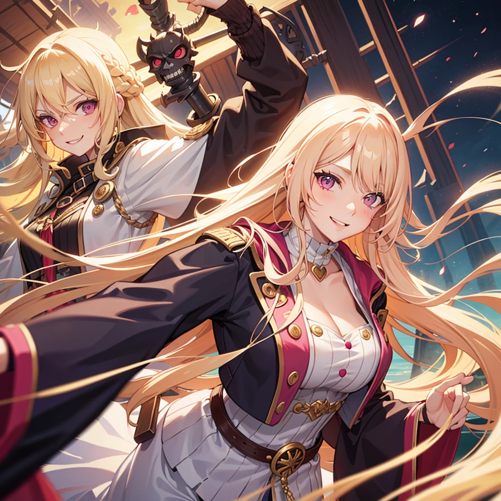 One adult woman, pink eyes, long blonde hair, smile, pirate clothes