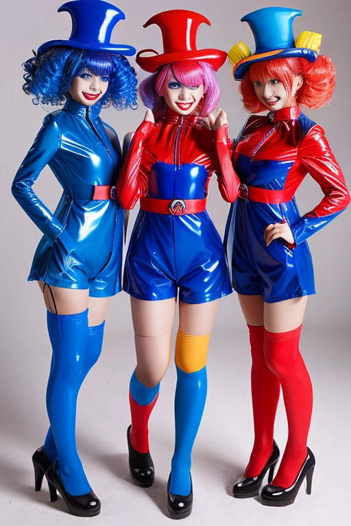 Three clown girls　clowning　Rubber Suit　hair color: blue(1.1)　Japanese　Red and blue clown suit　Two-pronged clown hat　Clown makeup