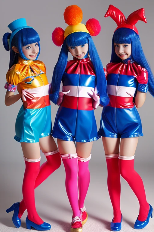 Three clown girls　clowning　Rubber Suit　hair color: blue(1.1)　Japanese　Red and blue clown suit　Two-pronged clown hat　Clown makeup