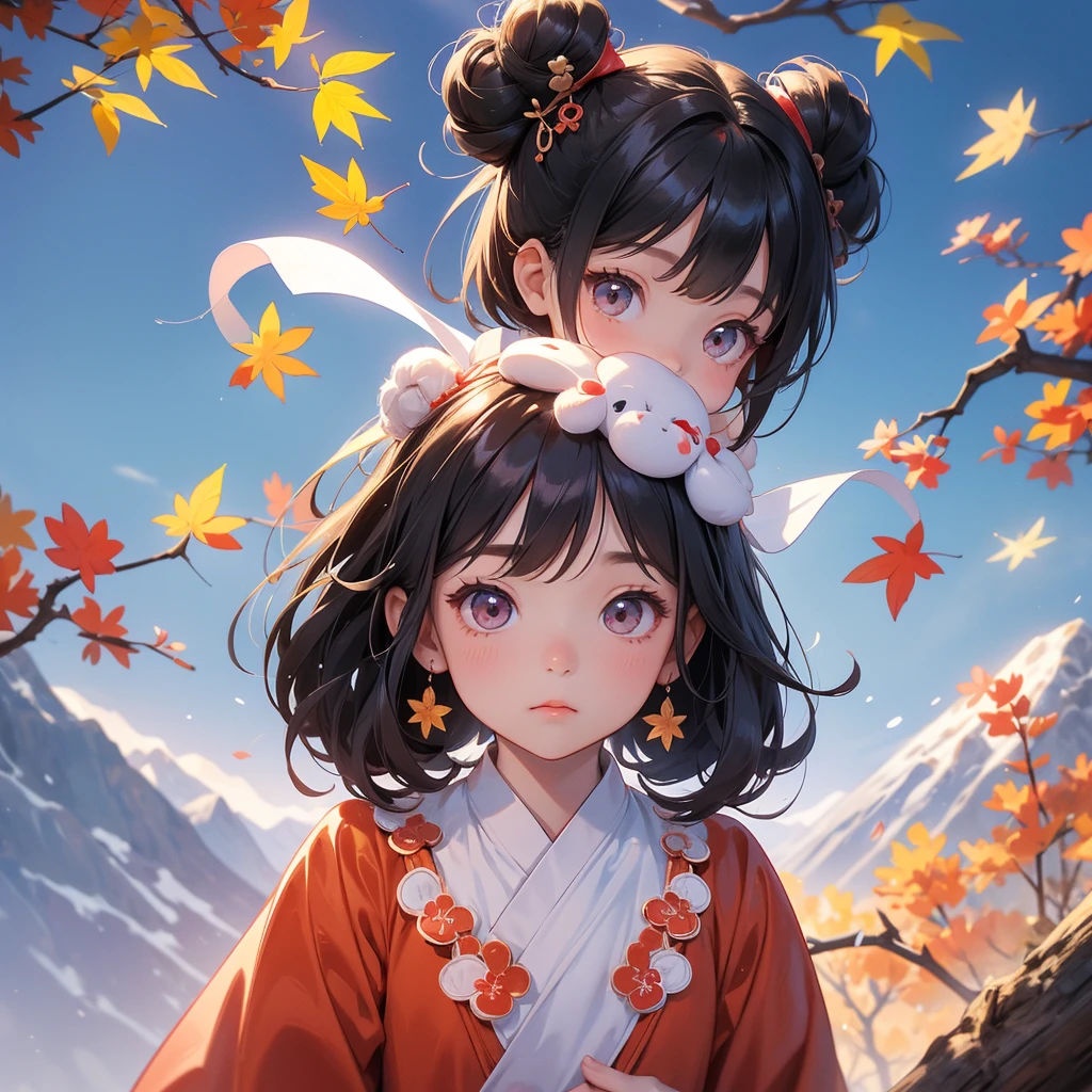 A chibi child girl had a small face and Wearing white little Taoist priest's outfit, A pair of big round eyes shone with curiosity about him, This child was so cute, her hair is black with two buns on her hair, The backdrop of the mountains that turn red in spring, and maple leaves fall from the trees.