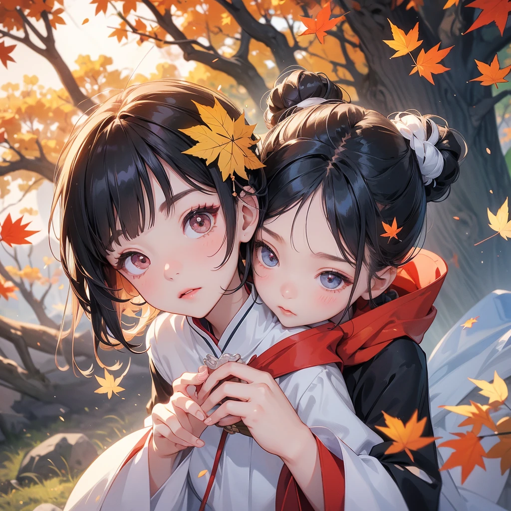A chibi child girl had a small face and Wearing white little Taoist priest's outfit, A pair of big round eyes shone with curiosity about him, This child was so cute, her hair is black with two buns on her hair, The backdrop of the mountains that turn red in spring, and maple leaves fall from the trees.



