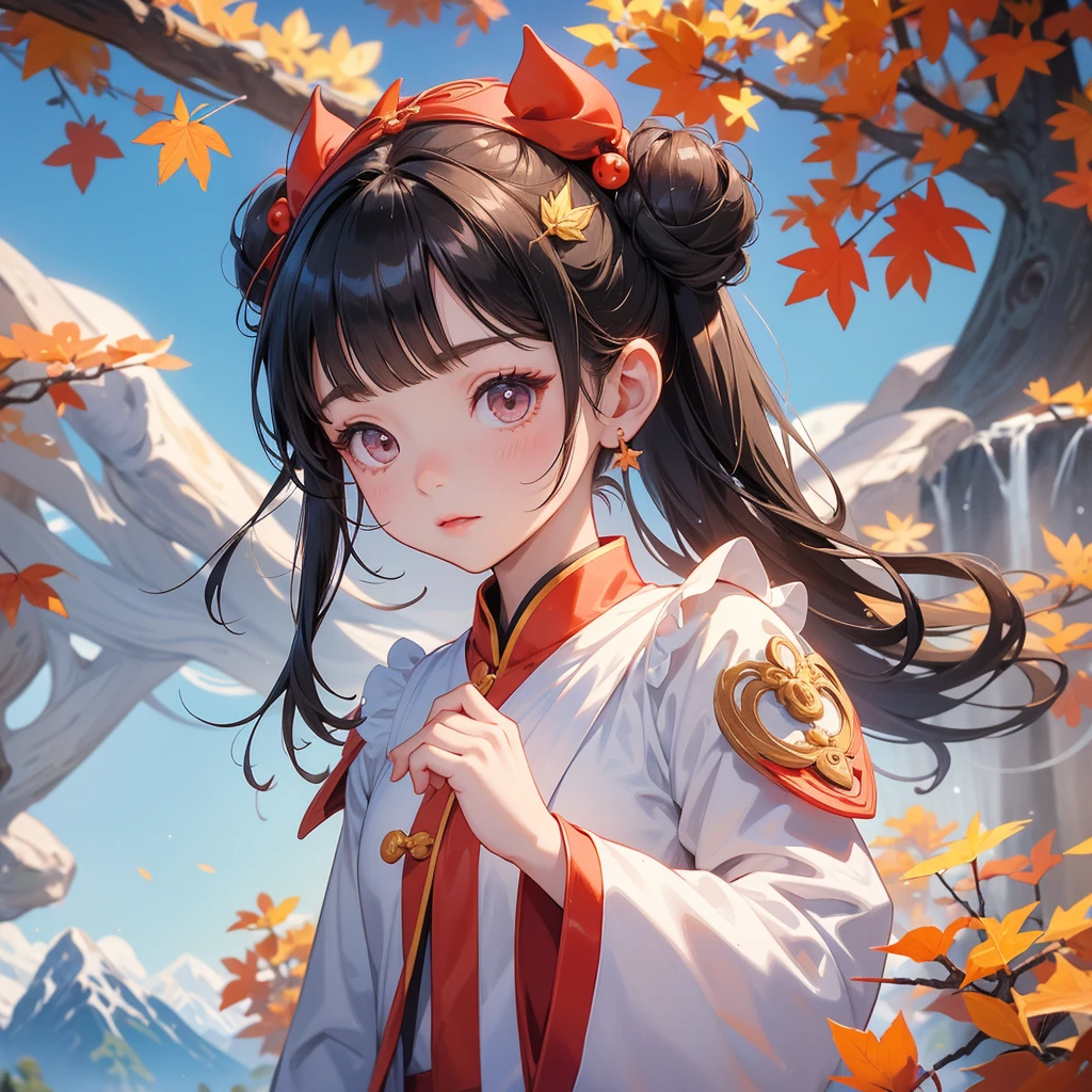 A chibi child girl had a small face and Wearing white little Taoist priest's outfit, A pair of big round eyes shone with curiosity about him, This child was so cute, her hair is black with two buns on her hair, The backdrop of the mountains that turn red in spring, and maple leaves fall from the trees.



