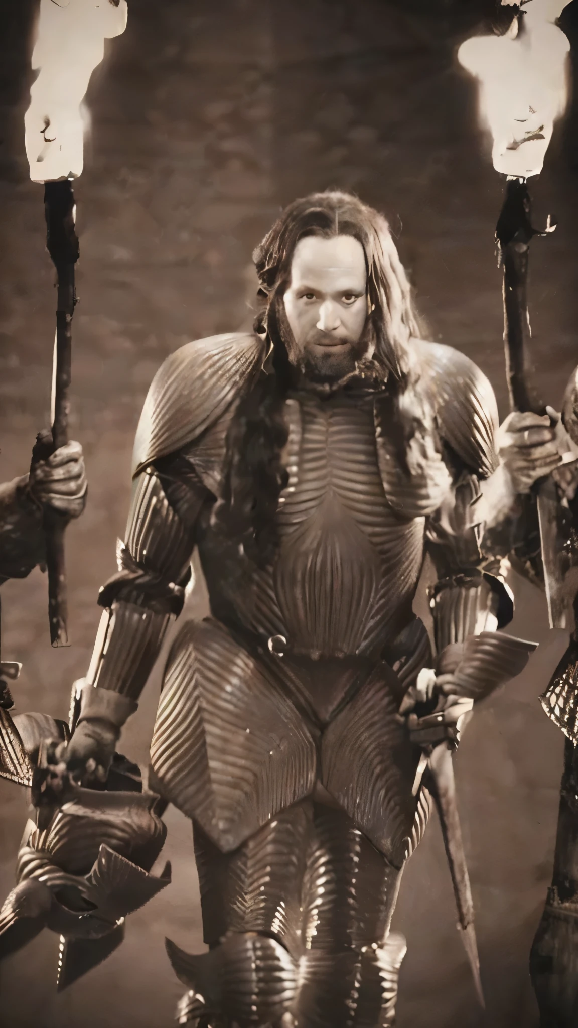 there are three men dressed Armored holding torches, Fantasy movie stills, wearing full armour, Medieval Armored Aragorn, wearing ancient cimmerian armor, Wearing full metal armor, dressed Armored, in a suit of armour, Covered with full leather armor, completely covered in metal armor, Dressed in ancient battle armor, Armored, wearing plate armour