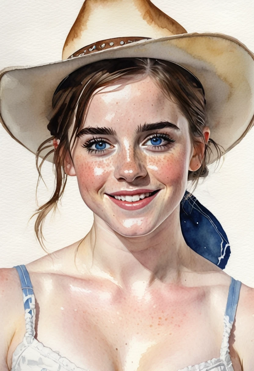 a watercolor painting of a ((pale skin)), defined muscles, six-pack abs, freckled, brunette teenager resembling Millie Bobby Brown, pigtails, cowboy hat, naked, smiling, in the style of Norman Rockwell