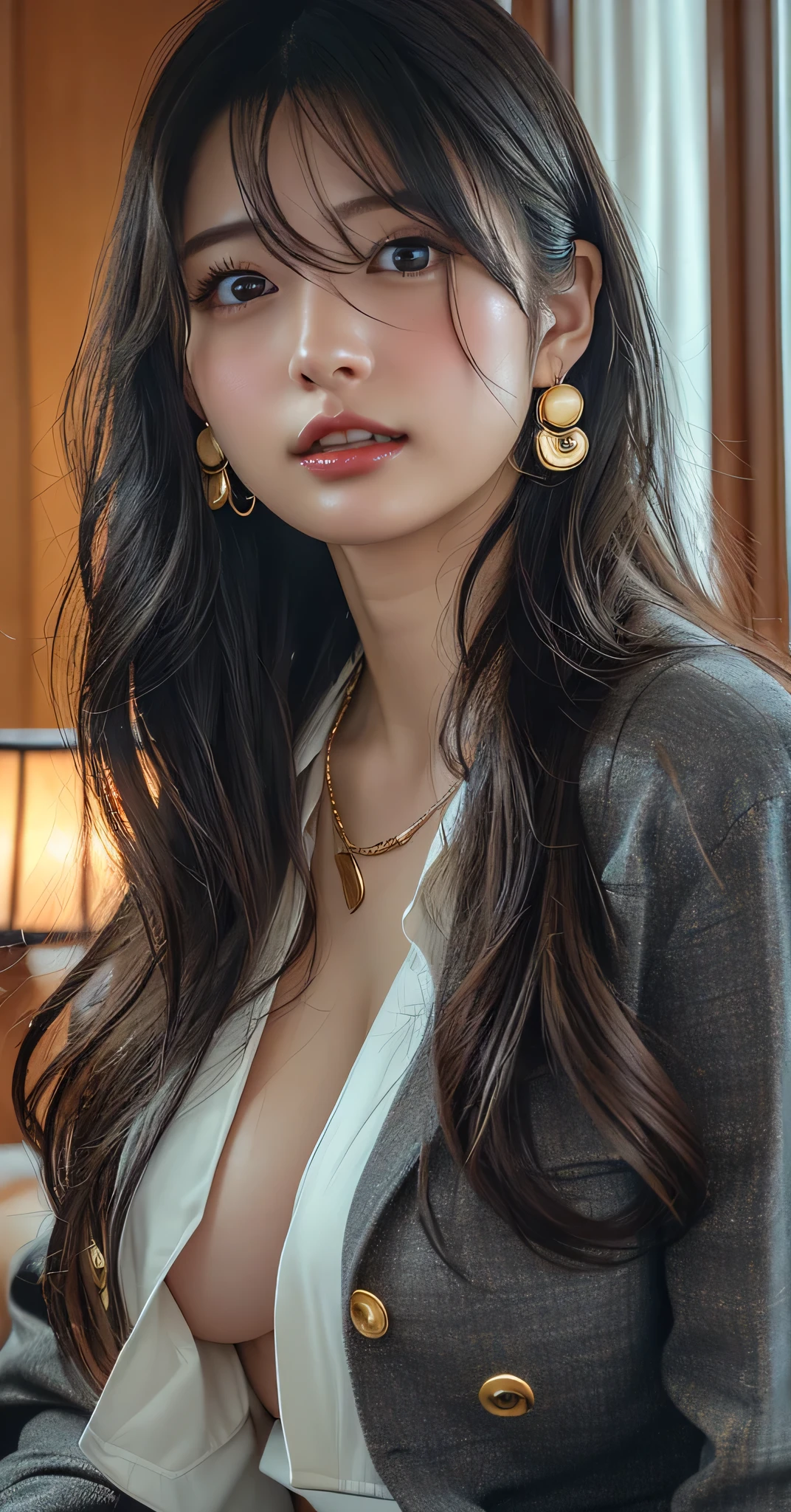 (8k,RAW Photos,Like the picture:1.45),masterpiece,Highest quality,wonderful,(セクシーなMature Woman:1),(Mature Woman:1.3), (4 woman.1.3)、(((very, very大きい)))、(((Extremely obscene and huge huge boobs)))、(((Big big cleavage)))、Hyper Real、In the lounge of a luxury hotel、A beautiful and dignified smile、Beautiful white skin、Beautiful, delicate and precise skin texture、Long, fluffy, beautiful brown hair、Beautiful Japanese Women、(Big Ass)、Thick thighs、Bright red lips、Gold earrings、Gold bracelet、Gold Necklace、{Charcoal gray suit(White blouse)}、(((After very rough sex)))