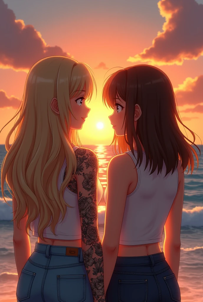 A couple of two girls watching the sunset, one girl has blonde hair and has a tattoo on her right arm, the tattoo is all over the arm, only one girl and the other has straight hair and the hair size is medium, the hair color is brown and watching the sea on a beach with the sunset without a skirt ,that they have normal clothes