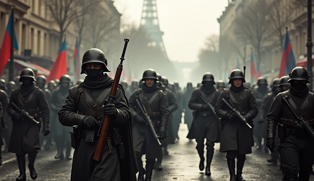 2024 Paris city in chaos; soldiers marching in the streets
