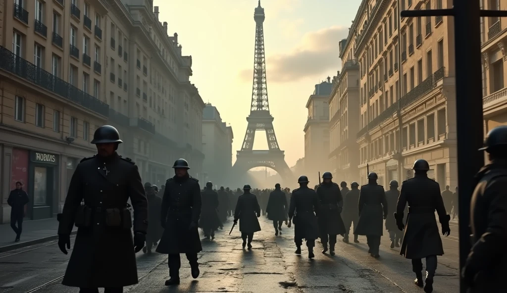 2024 Paris city in chaos; soldiers marching in the streets