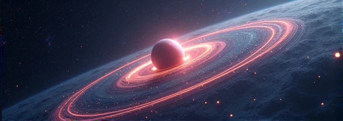 A nucleus with atoms orbiting on it with an outer space background with stars (Sci-fi).