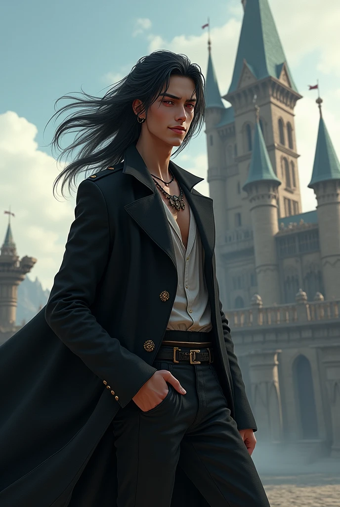 a tall young man with long black hair,first olive,ring in the left ear,he is smiling showing fangs,red eyes and he is near a castle