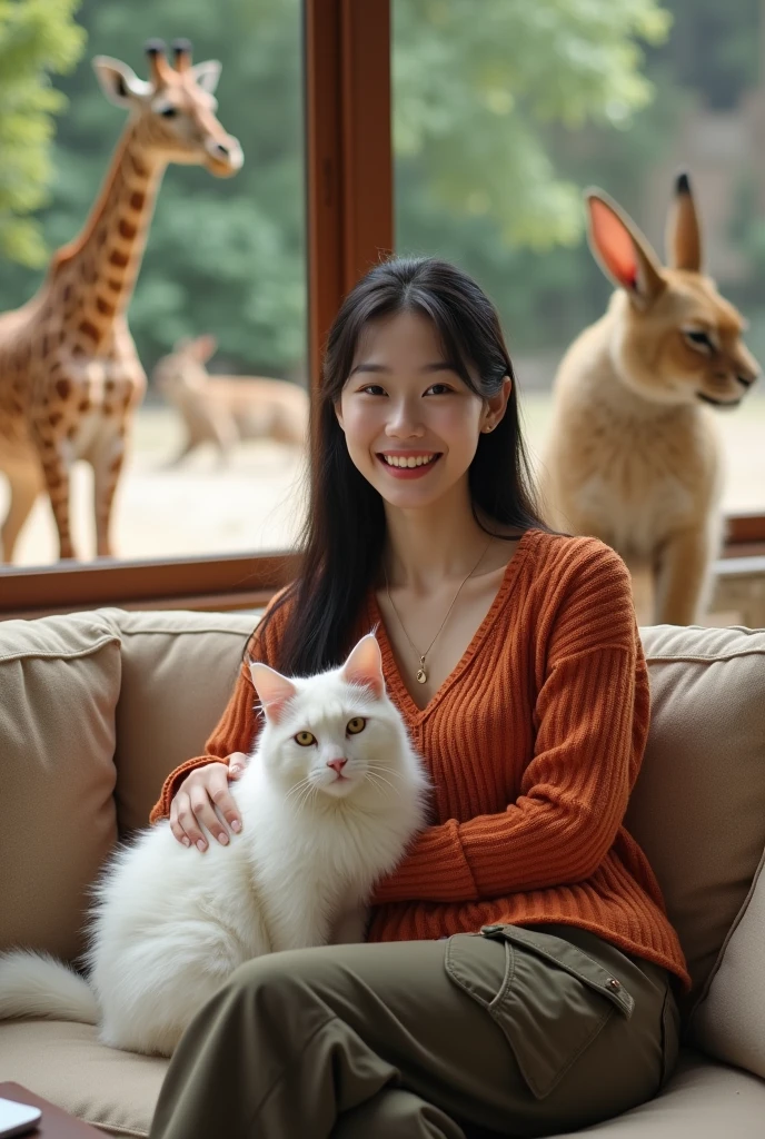 Beautiful Korean girl, smooth white skin, well-groomed face, thin smile, straight black hair tied, red-orange knitted shirt, dark brown cargo pants, sitting on the sofa with a big white Angora versia cat, on the table there is an iPhone laptop, on In the background, in the open area of the zoo there are tigers, giraffes, lions, rabbits, it looks genuine, real and realistic in the photo