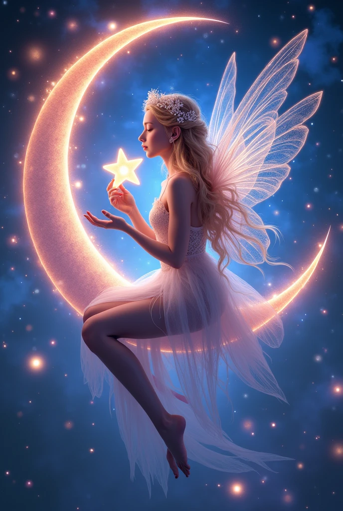 beautiful young blonde girl, fantasy, (((sitting on a cressant moon))), nude, looking at the night sky 8k,