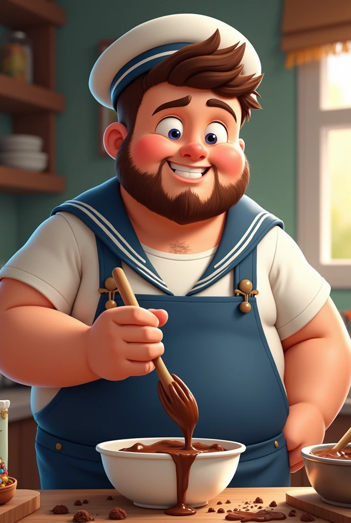 charachter, masculine, Youngh, de corpo inteiro, plumpness, doesn't have a beard, with a mole in the upper left corner of the mouth, stirring in bowl of brownie batter, with chocolate dough dripping from the mouth, with a sailor hat and outfit
