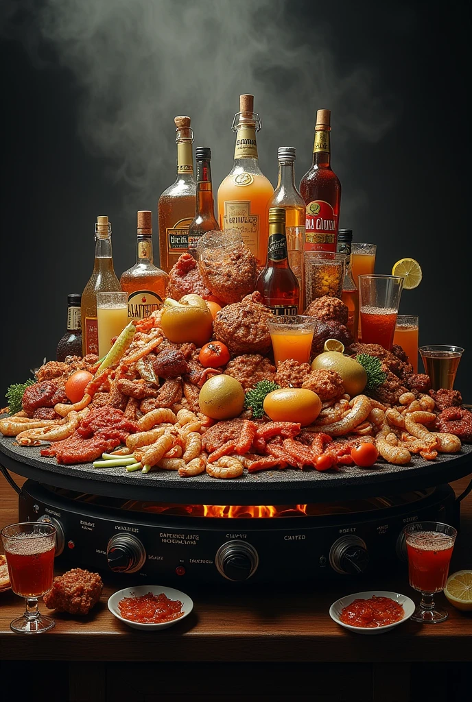 A realistic image of an absurd amount of food and alcohol on a Blackstone grill