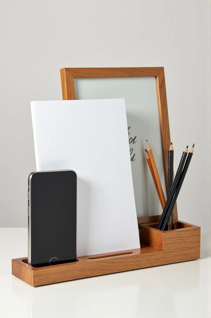 Picture frame that has a place to hold the cell phone at the bottom and the right side to place the pencils