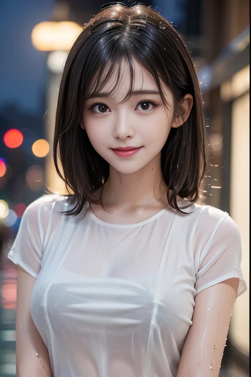 ((Night in the city、highest quality、Masterpiece、High resolution))、(((Zoom photo of upper body、Wet body、Wet Hair)))、(A shy smile:1.2)、One 1 female、Beautiful Skin、Beautiful Eyes、Large Breasts、Nurse uniform、Black Hair、short hair、Wavy Hair、Trimmed bangs