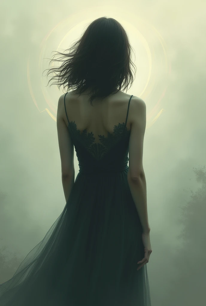Create an image where a woman with medium-length hair from the back conveys the spiritual aura of her soul with a sad and melancholic tone.&B