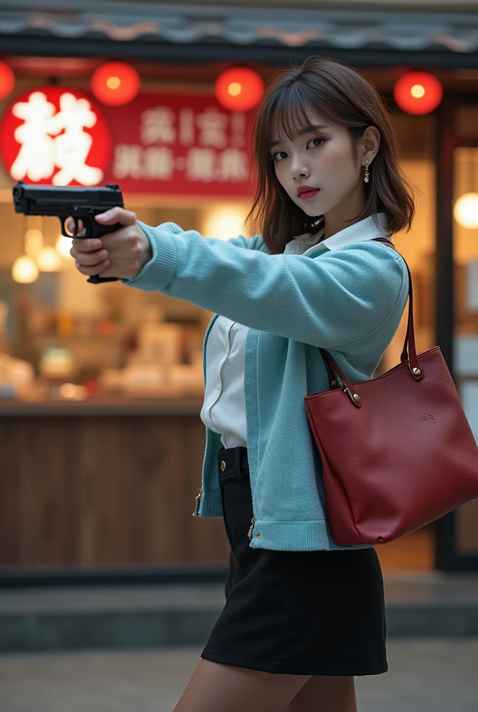 Side view, ((Hold the a gun with both hands)), shooting target, standing pose , hold a Luger P-08, front sushi restaurant , noon , Japanese Girls ,(20-year-old),( Beautiful Eyes, Light brown straight short hair, fringe, Faint lips),(earring, neckless) (C cup breasts, wide hip) ( Black bra, and Black paneity stockings), (White Shirt, sky blue seater, Black miniskirts), black HI heal) , Louis Vuitton Red shoulder-bag, lady's watch of Seiko, (masterpiece, highest quality, High resolution, Photo realistic, sharp, RAW Photos, 8k wallpaper, perfection, Professional Lighting, Very detailed)